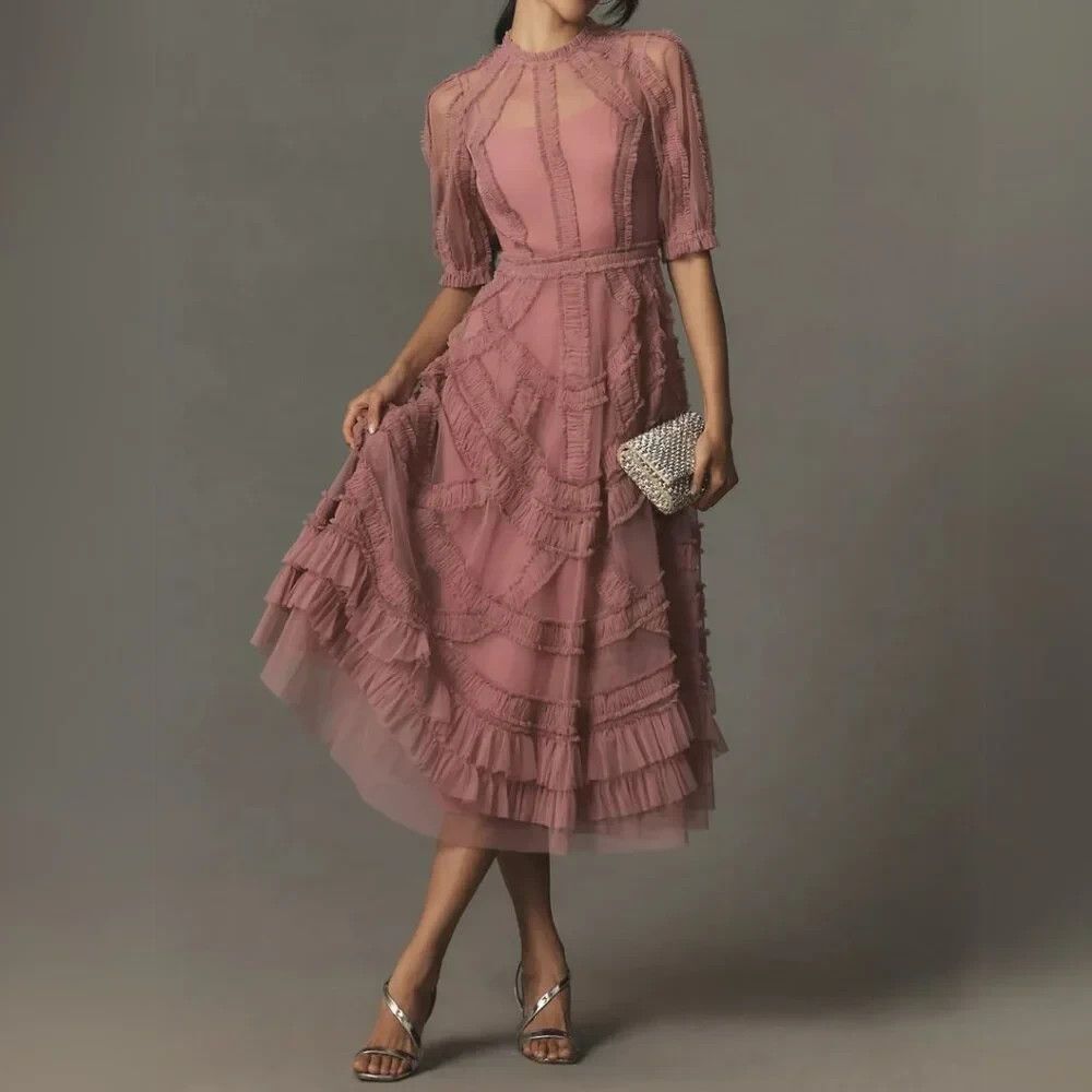 ANTHROPOLOGIE MAC DUGGAL 8058 High Neck Micro Ruffle Tiered Midi Dress Rose 18 - Picture 1 of 7